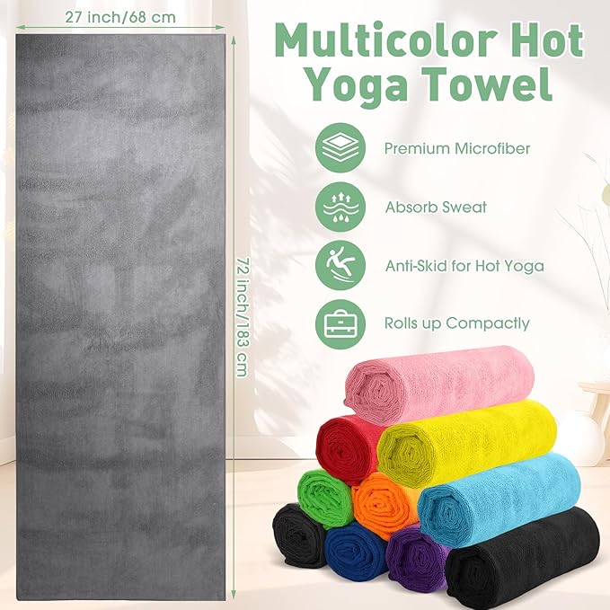 Breling 10 Pcs Hot Yoga Towels Bulk Non Slip Microfiber Anti Slip Absorbent Multicolor Wicking Pilates Yoga Mat Towel for Women Men Pilates, 27" x 72" (Classic)