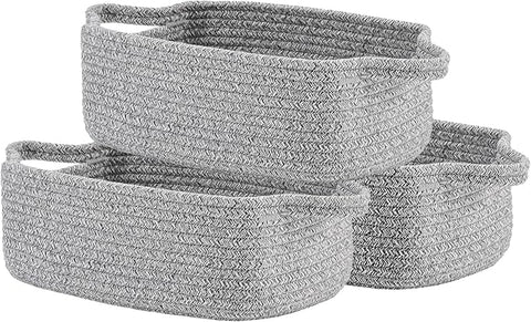 KALLAX Small Woven Basket, 12 x 8 x 4.5 Inches, Small Storage Baskets for Organizing, Gift Baskets Empty, Cute Rope Shelf Closet Storage Bins for Shelves, Dog Toy Basket, 3 Packs, Mixed Grey