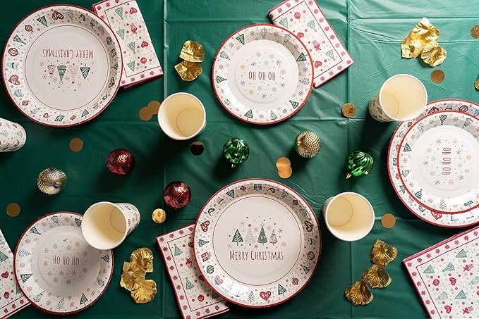 Classic Christmas Tableware Pack: Disposable Paper Plates, Napkins and Cups Set for 20