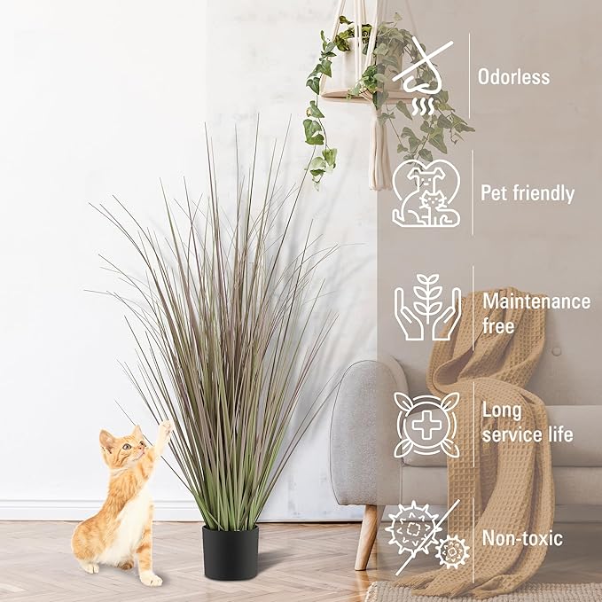 KOL 4FT 2-Pack Artificial Onion Grasses, 47.2’’ Indoor Outdoor Fake Grass Plant, Home Office Wedding Decoration, Faux Greenery Plants & Flowers in Pot, UV Resistant, Housewarming Gift, Purple