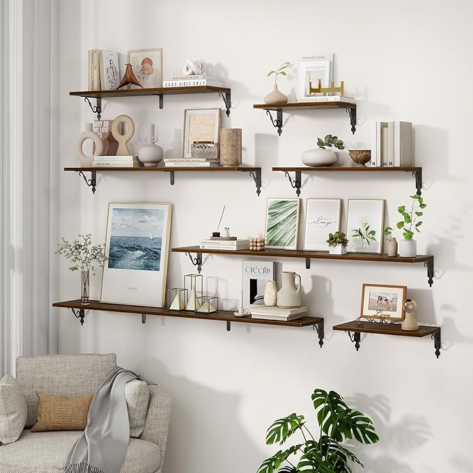 Fun Memories 40 Inch Floating Shelves Wall Mounted, 8 Inch Deep Wall Shelves with Bracket, Rustic Hanging Bookshelf, 40" Bookshelves for for Living Room, Kitchen and Bedroom, Walnut, Set of 2