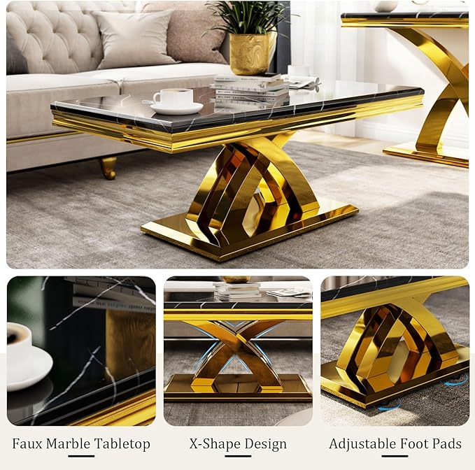 AUZ 48“ Black and Gold Coffee Table for Living Room, Guest Hall, Luxury Rectangle Center Table with Polished Metal Base