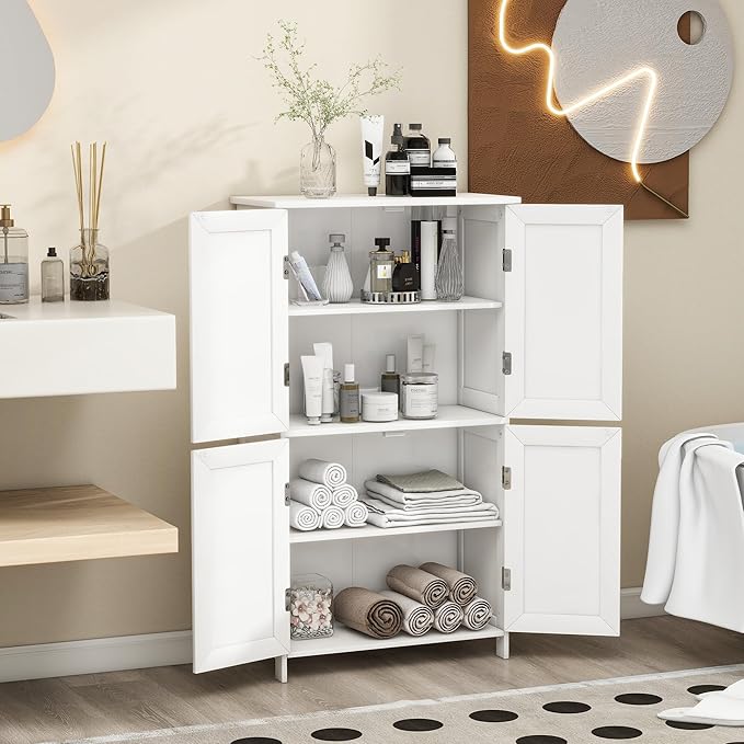 Bathroom Storage Floor Cabinet Freestanding Organizer with Adjustable Shelves for Bathroom Bedroom Laundry Room,4 Doors