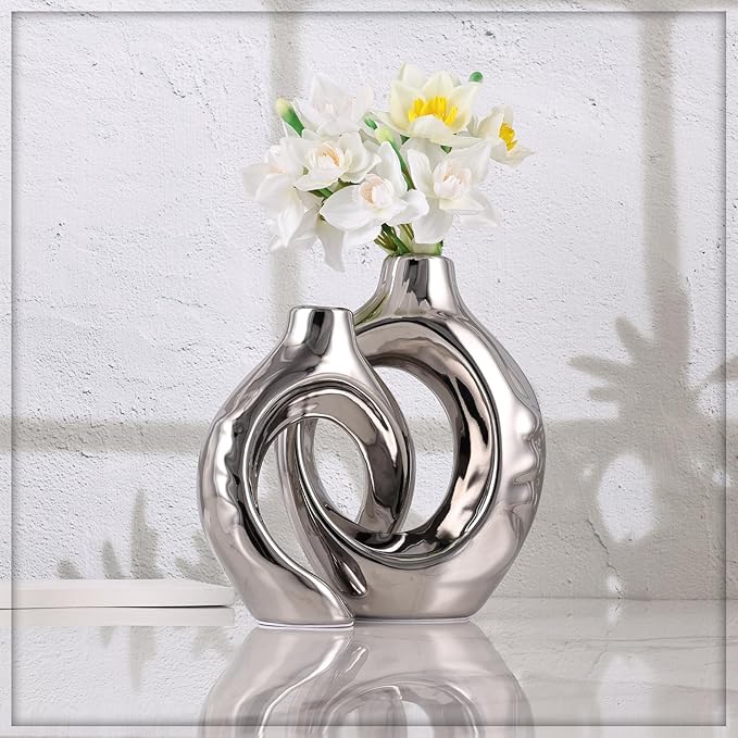 Silver Home Decor Ceramic Vase, Round Vase with Holes Set of 2, Suitable for Wedding Entrance Decoration, Bookshelf, Mantel, Unique Home Decor (Silver)