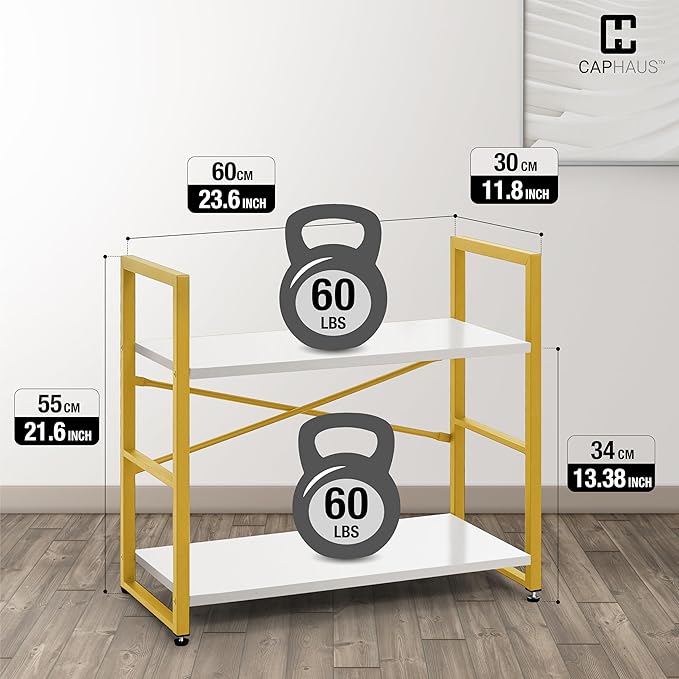 CAPHAUS 2 Tier Small Bookshelf, 24 Inch Width Free Standing Shelf, Bookcase Shelf Storage Organizer, Industrial Book Shelves for Home Office, Living Room, White Wooden Shelves & Gold Frame