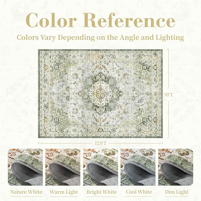 PADOOR-Vintage Area Rug 9X12 Rugs for Living Room-Soft Green Rugs for Bedroom-Machine Washable Rug Non Slip Carpet-Rug for Dining Room Living Room Bedside Office