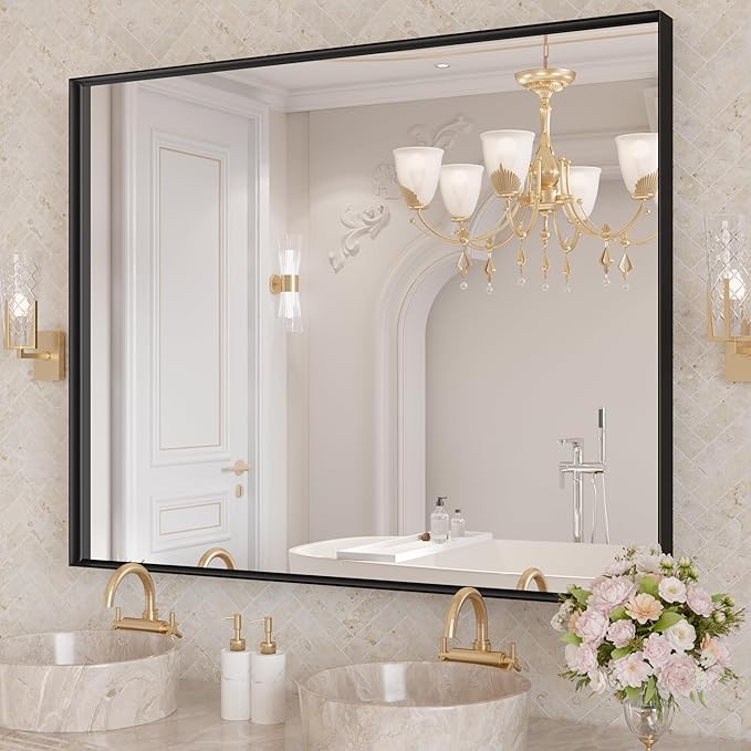 LOAAO Black Bathroom Mirror 40"X30" for Wall, Rectangle Bathroom Vanity Mirror, Tempered Glass, Hangs Vertically or Horizontally, Easy to Install, Modern Design