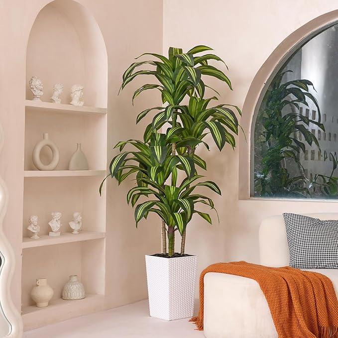 Artificial Dracaena Tree 6ft – UV Resistant Tall Fake Plant with Large Taper Planter & Pebbles– Large Potted Faux Tree for Indoor & Outdoor, Living Room, Office, Porch, Home Decor, VN127