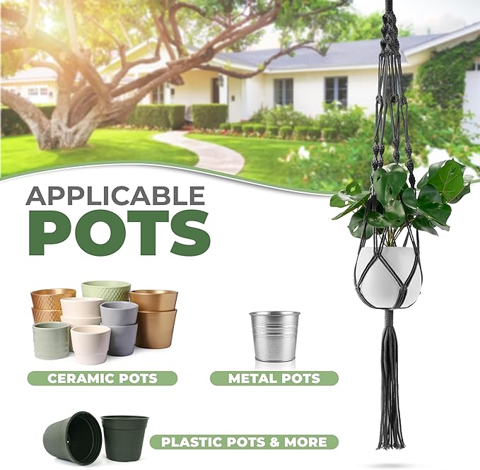 Sorbus Macrame Plant Hanger (8 Pack) Indoor Outdoor Hanging Plant Pots Cotton Rope, Elegant for Home, Patio, Garden (Black)