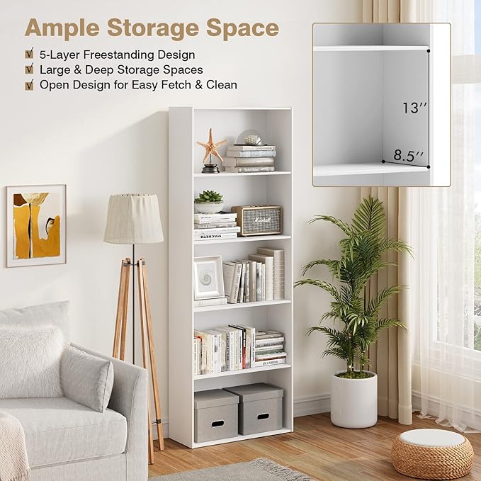 Tangkula 5-Tier Bookcase, 67” Tall Freestanding Bookshelf with 5 Open Shelves, Anti-Toppling Kits, Floor Display Storage Organizer for Living Room, Study, Kitchen, Home & Office (White, 67" H)