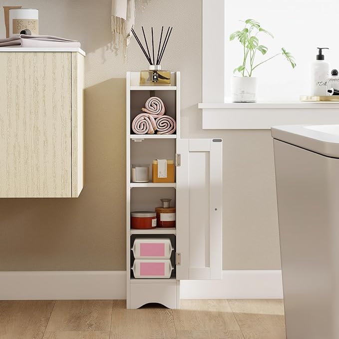 Tangkula Bathroom Storage Cabinet with Door, Toilet Paper Holder Stand with Adjustable Shelves & Open Compartment for Small Spaces, Narrow Freestanding Storage Organizer, 7 x 7.5 x 31.5 Inches (White)