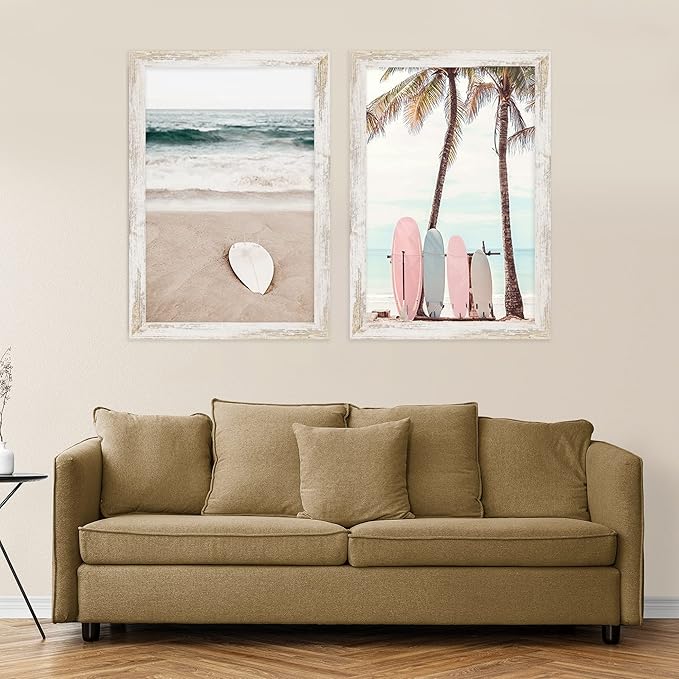 12x18 Frame Set of 2, Distressed White Wood Style, Display 12 x 18 Poster without Mat or 8.5x11 Picture with Mat, Wall Mounting Horizontal and Vertical