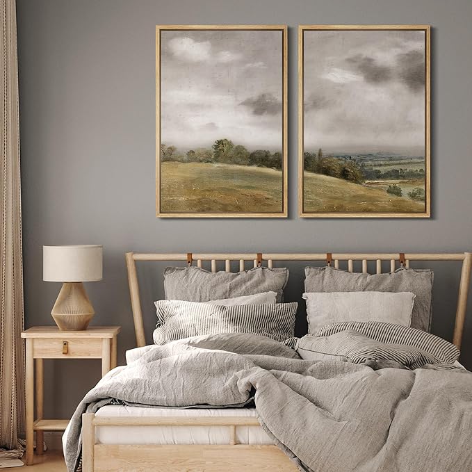 MUDECOR Framed Canvas Print Wall Art Gentle Hills and Distant Storm Tranquil Pastoral Nature Wilderness Illustrations Realism Decorative Scenic for Living Room, Bedroom, Office - 16"x24"x2 Natural