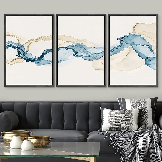 SIGNWIN Framed Canvas Print Wall Art Set Blue Tan Smoke Wave Landscape Abstract Shapes Illustrations Modern Art Decorative Contemporary Colorful for Living Room, Bedroom, Office - 24"x36"x3 Black