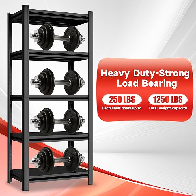 5 Tier Metal Bookshelf Heavy Duty Shelving Unit Steel Utility Racks, Black Bookshelf Industrial Corner Storage Shelf for Office,Kitchen,Bedroom and Living Room, Adjustable Shelves for Garage