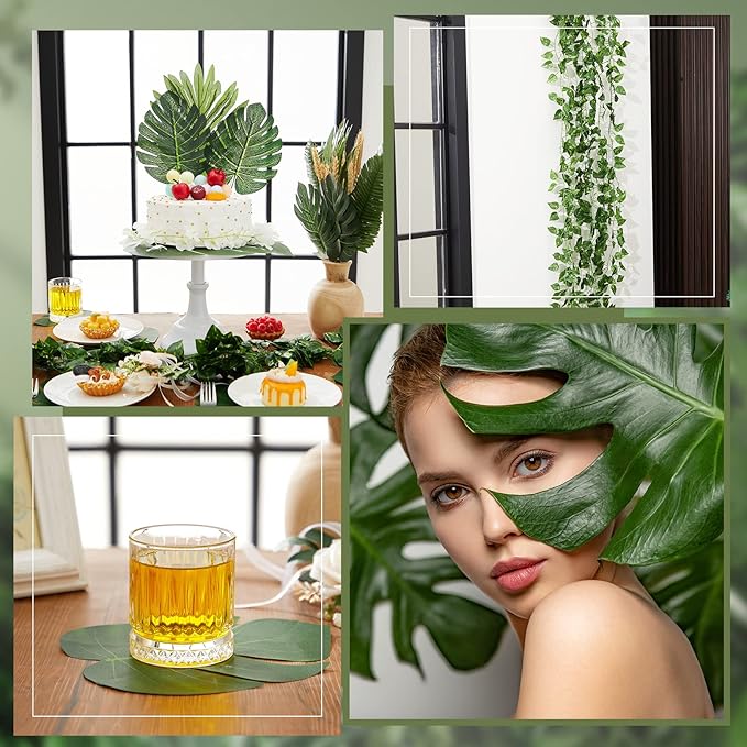 XunYee 24 Strands 165 ft Artificial Vines with Leaves Tropical Leaf Garland and 6 Style Fake Monstera Palm Leaves Decoration Faux Ivy Vines Bulk for Jungle Safari Baby Shower Plant Party Decoration