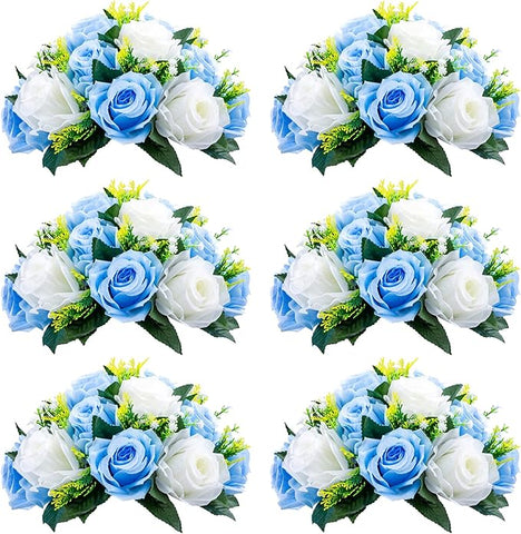 NUPTIO Pcs of 6 Fake Flower Ball Arrangement Bouquet,15 Heads Plastic Roses with Base, Suitable for Our Store's Wedding Centerpiece Flower Rack for Parties Valentine's Day Home Décor (Blue & White)