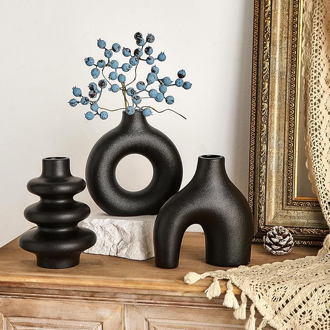 Black Ceramic Vase Set of 3, Modern Boho for Home Decor, Small Flower Vases for Pampas Grass, Round Centerpieces for Wedding, Coffee Table, Shelf, Living Room, Bedroom, Entryway
