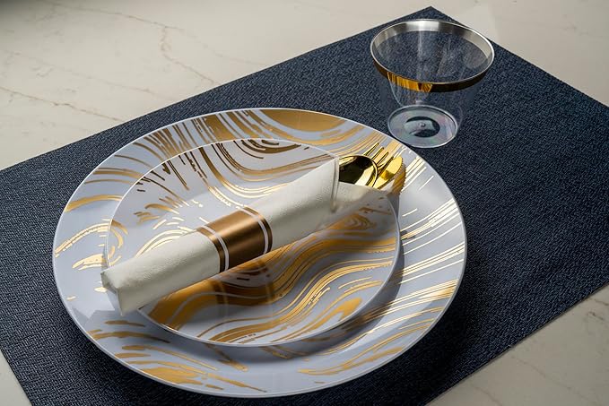 MONEST 350Pcs Gold Plastic Silverware Set for 50 Guests, Disposable Dinnerware Set includes: 50 Pre Rolled Napkins with Utensils, 50 Dinner Plates, 50 Dessert Plates, 50 Cups (Gold Wave)