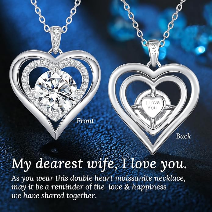 Moissanite Heart Pendant Necklaces for Women, 925 Sterling Silver Gold Plating Lab-Created Gem Necklace Engraved with 'I LOVE YOU', Ideal Anniversary Birthday Christmas Valentine Engagements Mothers Day Jewelry Gifts for Mom Wife Girlfriend Daughter Her