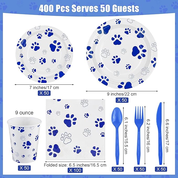 400 Pieces Blue Paw Disposable Party Tableware Sets Dog Puppy Supplies Including Plates Cups Napkins Cutlery Serves 50 for Birthday Puppy Theme Party Decorations