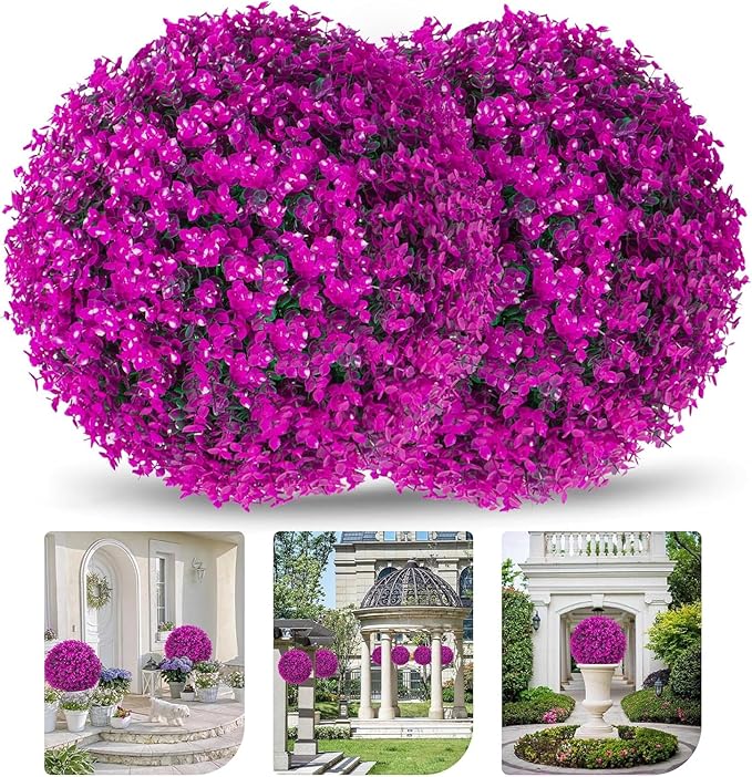 2 PCS 16 Inch Artificial Plant Purple Topiary Ball, Anti-Fading Faux Decorative Boxwood Balls, Hanging Fake Plants Balls for Garden, Wedding Party, Patio Indoor Outdoor Decor (Red)