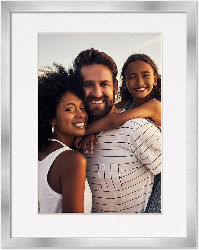 11x14 Frame with Mat - Silver 13x16 Frame Wood Made to Display Print or Poster Measuring 11 x 14 Inches with White Photo Mat