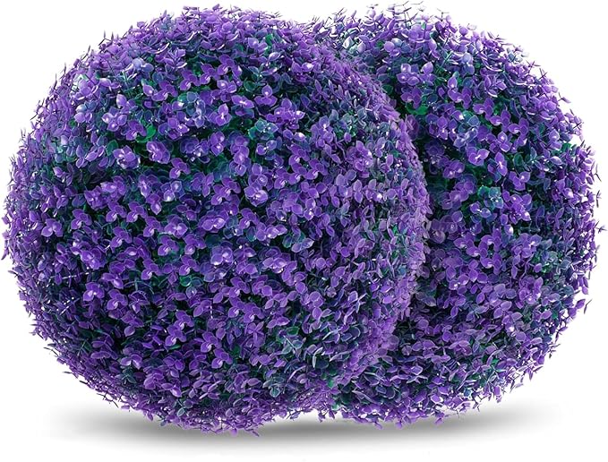 2 PCS 16 Inch Artificial Plant Purple Topiary Ball, Anti-Fading Faux Decorative Boxwood Balls, Hanging Fake Plants Balls for Garden, Wedding Party, Patio Indoor Outdoor Decor (Blue)