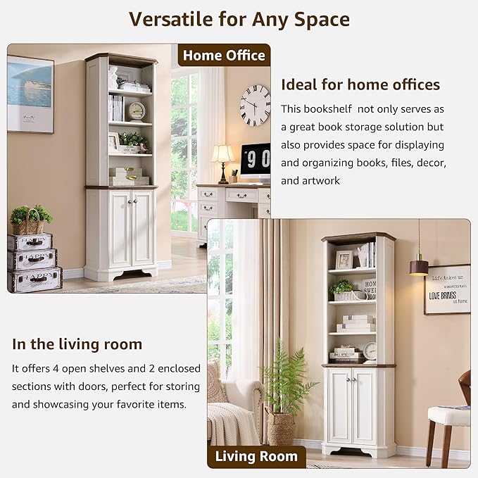 OKD 6-Tier Bookcase with Doors, 72" Tall Farmhouse Bookshelf with Storage & Adjustable Shelves, Wooden Floor Standing Display Book Shelf Organizer for Home Office,Antique White