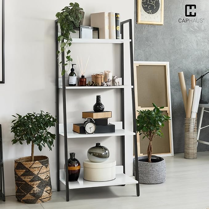 CAPHAUS 4 Tier Ladder Bookshelf, 24 Inch Width Free Standing Shelf, Bookcase Shelf Storage Rack Organizer, Industrial Book Shelves for Home Office, Living Room, Kitchen, White Wooden Shelves