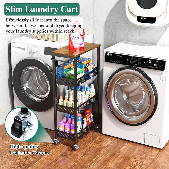 Utility Slim Storage Cart, 4-Tier Narrow Bathroom Organizer and Storage Cart, Metal Narrow Kitchen Laundry Room Organization Rack with Wood Top, Slim Rolling Shelf with Wheels for Small Space