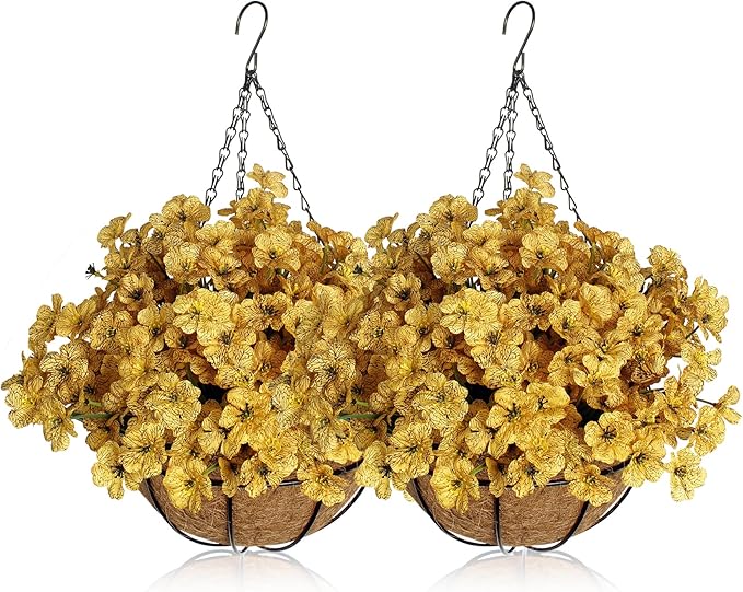 BIHRTC Artificial Hanging Plants Flowers Faux Autumn Yellow Morning Glory Look Real Orange Daisy Flowers Hang Planter for Porch Patio Balcony Home Outside Garden Decoration