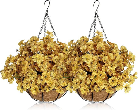BIHRTC Artificial Hanging Plants Flowers Faux Autumn Yellow Morning Glory Look Real Orange Daisy Flowers Hang Planter for Porch Patio Balcony Home Outside Garden Decoration