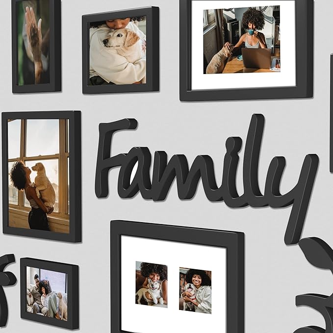 J.M.Deco 13 Pack Family Tree Photo Frame Collection with Lvory Mat Set- Photo Size One 4''x4'' Five 4''x6'' Three 5''x7''- PVC-Wall Mounting Picture Frame for Home Living Room Bedroom 3D Design-Black