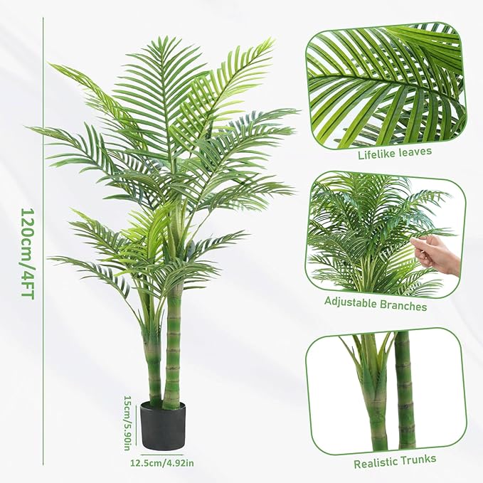 4FT Artificial Golden Cane Palm Tree – Realistic Faux Indoor & Outdoor Plant with Weighted Pot, UV Resistant & Easy Assembly Plastic Tropical Tree for Home or Office Décor