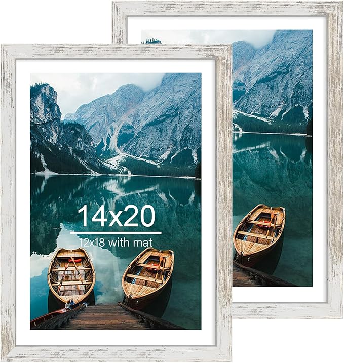 14x20 Picture Frame Set of 2, Distressed White Wood Style - Display 14 x 20 Picture without Mat or 12x18 Picture with Mat, Wall Mounting Horizontal and Vertical
