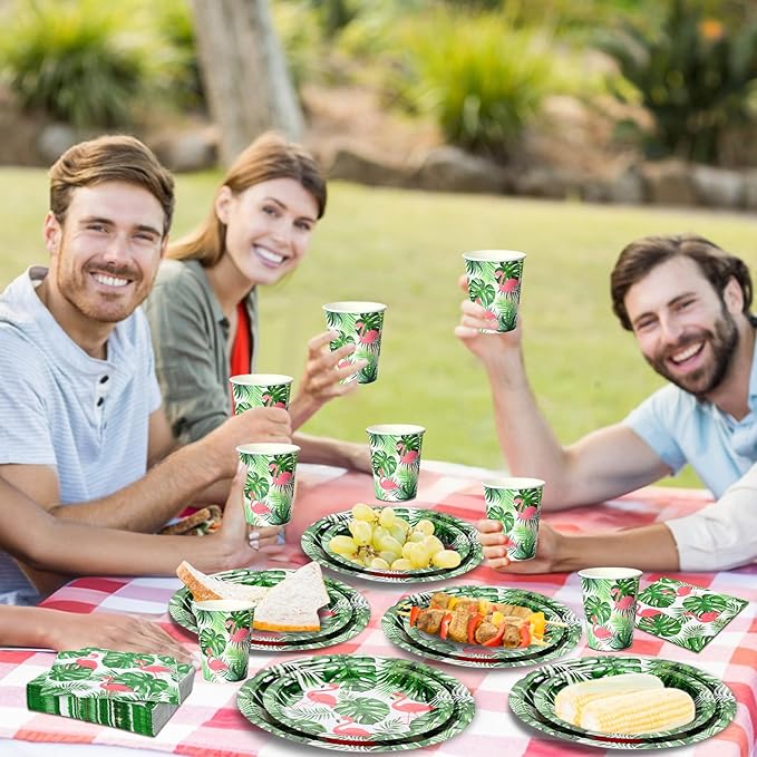 200 Pcs Tropical Flamingo Hawaiian Aloha Party Supplies Serve 50 Guests Luau Paper Plates Cups Napkins for Summer Beach Tableware Pool Party