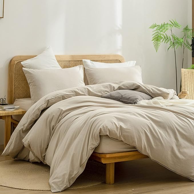 BESTOUCH Duvet Cover Set 100% Washed Cotton Linen Feel Super Soft Comfortable Chic Lightweight 3 PCs Home Bedding Set Solid Almond Milk Grey Super King Plus