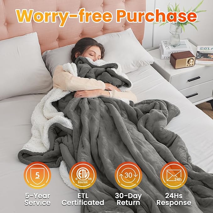 WOOMER Heated Throw Blanket Full Size, Soft Flannel Fast Heating Blanket with Multi-Color Option, 77"x 84", 10 Heating Levels & 0.5-12H Auto Off, Over-Heat Protection