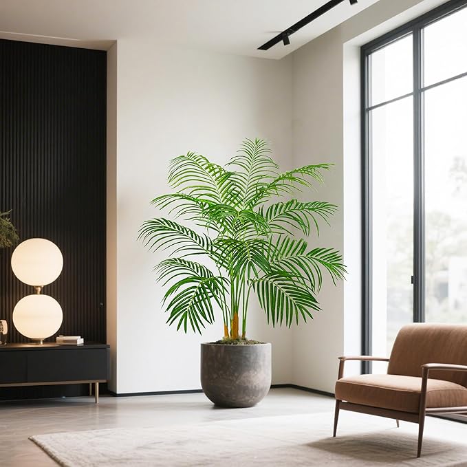 Artificial Fake Palm Tree 4FT Tropical Faux Palm Trees in Pot with 13 Trunks and Real Bark Design Areca Floor Plant Faux Palm Plant for Indoor Outdoor Home Decor