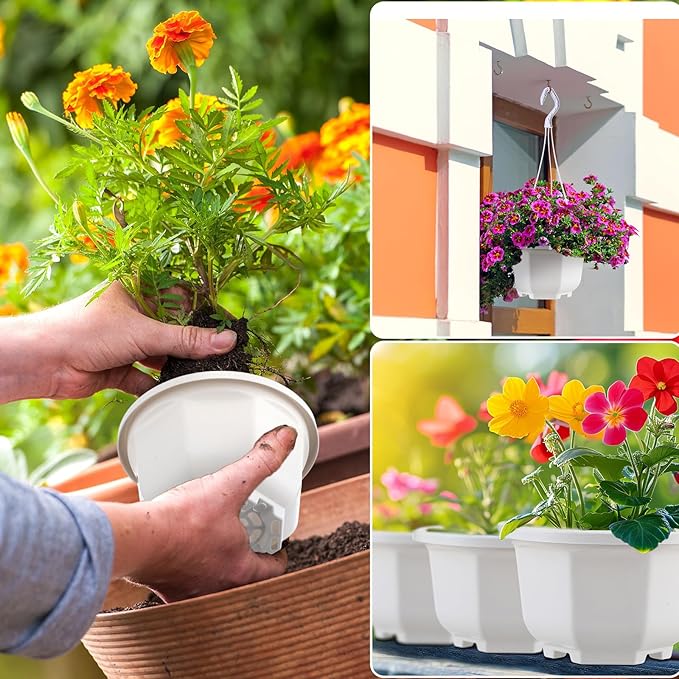 Roshtia 50 Pcs Plastic Hanging Plant Pots with Hooks Flower Pots Baskets Outdoor Hanging Nursery Planter Holder for Home Garden Balcony Porch(Gray White,5.1 inch)