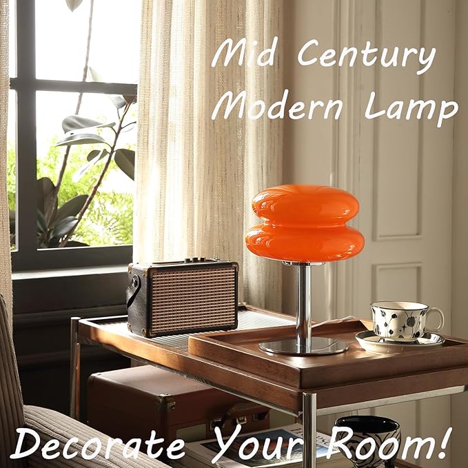 Mushroom Lamp for Bedroom,Mid Century Modern Lamp for Nightstand, Dimmable Retro Egg Tart Bedside Small Lamps,Unique Home Mushroom Decor Aesthetic Cute Table Lamps for Living Room (Orange)