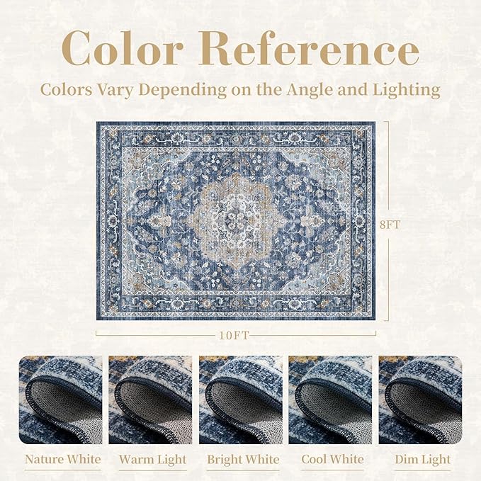 PADOOR-Vintage Area Rug 8X10 Rugs for Living Room-Soft Blue Rugs for Bedroom-Machine Washable Rug Non Slip Carpet-Rug for Dining Room Living Room Bedside Office