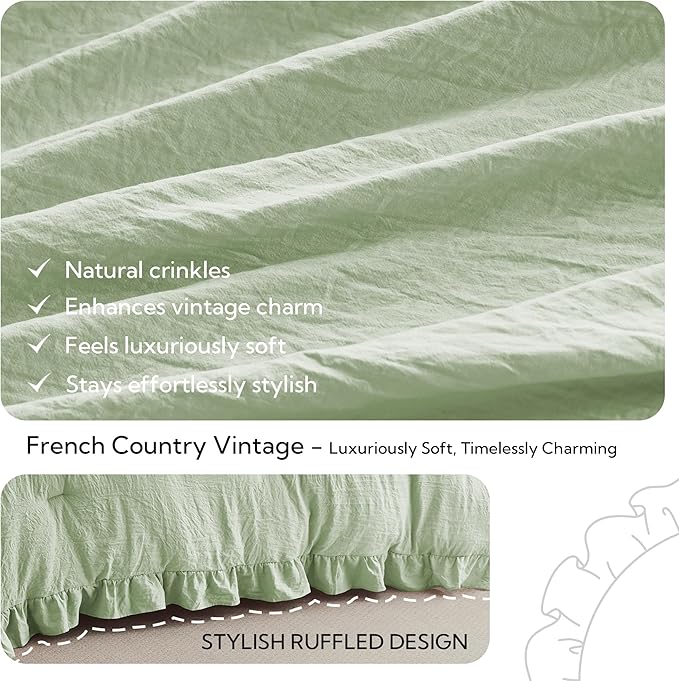 MR&HM Cal King Ruffle Comforter Set, Light Green 7 Pieces Boho Bed in a Bag Set, Farmhouse Shabby Chic Bedding Set with 1 Comforter, 1 Flat Sheet, 1 Fitted Sheet, 2 Pillowcases & 2 Pillow Shams
