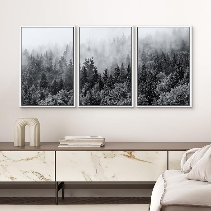 SIGNWIN Framed Canvas Print Wall Art Set Black & White Misty Mountain Forest Nature Wilderness Photography Modern Art Chic Landscape Relax/Calm for Living Room, Bedroom, Office - 24"x36"x3 White