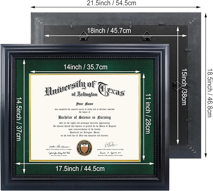 11x14 Diploma Degree Frame with Green Mat or Display 15x18 Certificates without Mat,Solid Wood,Black Finish with Intricate Black Rope Detail,UV Protection Acrylic