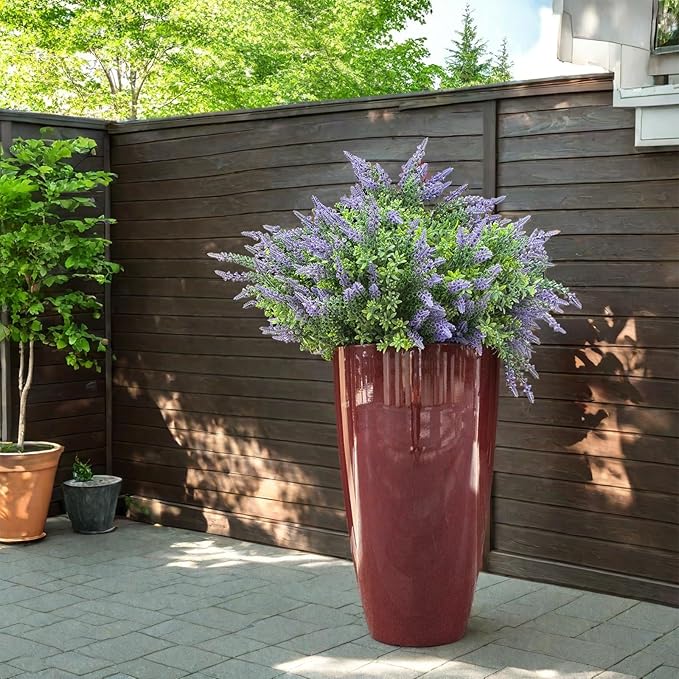 ZMTECH 21 Inch Tall Outdoor Planters Set of 2 Round Tall Plant Pots for Outdoor/Indoor with Shelf Inset, Wine Red Glossy Smooth Finish - Large Plastic Pots with Drainage Holes for Front Porch Patio