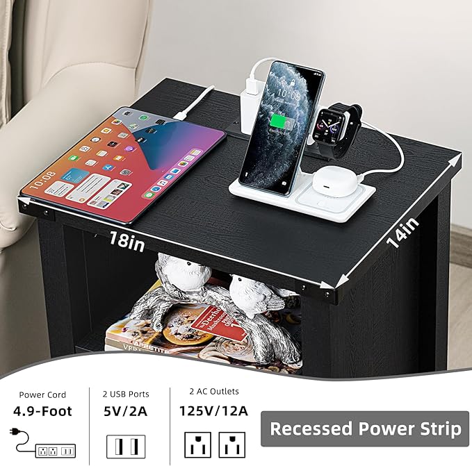 Night Stand Set of 2, 18 Inch Farmhouse Nightstand with with Charging Station and USB Port, Rustic Couch End Table with Magnetic Door, Wood Bed Side Tables for Bedroom, Home, Black