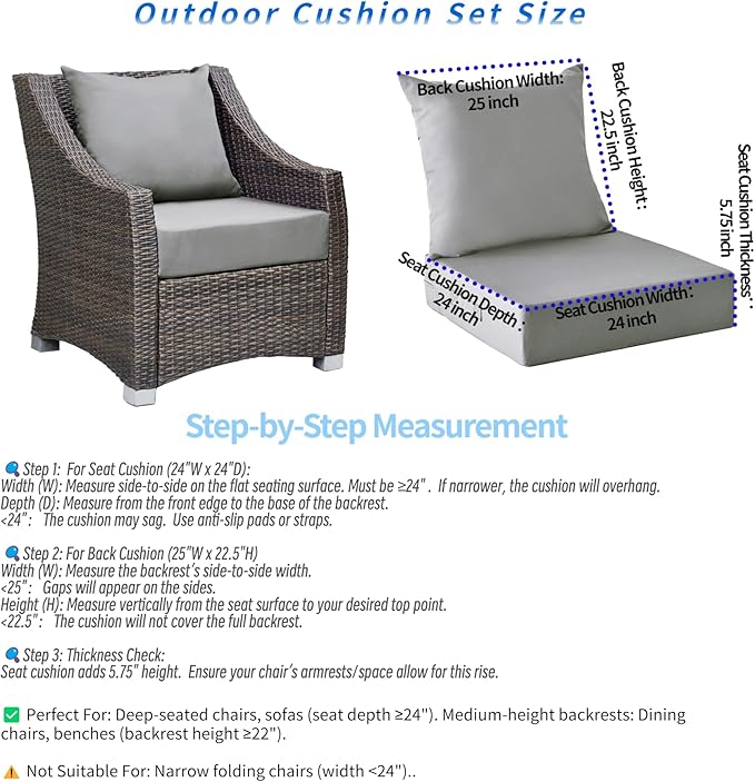 Outdoor Cushions for Patio Furniture,Outdoor Seat Cushion Set 24 x 24 x 5.75 Inch,Waterproof & Fade Resistant Outdoor Chair Cushions,Deep Patio Chair Cushion with Removable Cover,Light Grey