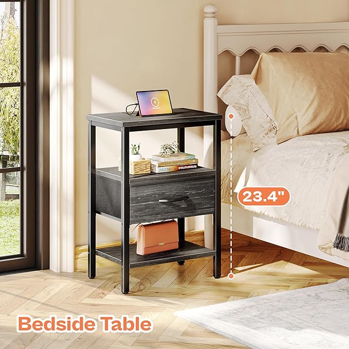 SUPERJARE Nightstand with Charging Station, Bed Side Table with Adjustable Fabric Drawer, Night Stand for Bedroom, 3-Tier Storage End Table, for Living Room, Charcoal Black Wood Grain Print